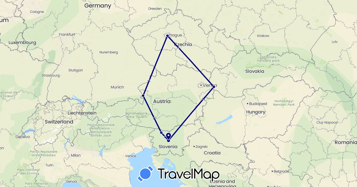 TravelMap itinerary: driving in Austria, Czech Republic, Slovenia, Slovakia (Europe)